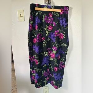 Vintage 90s Briggs New York Floral Midi Skirt Black Purple Roses
